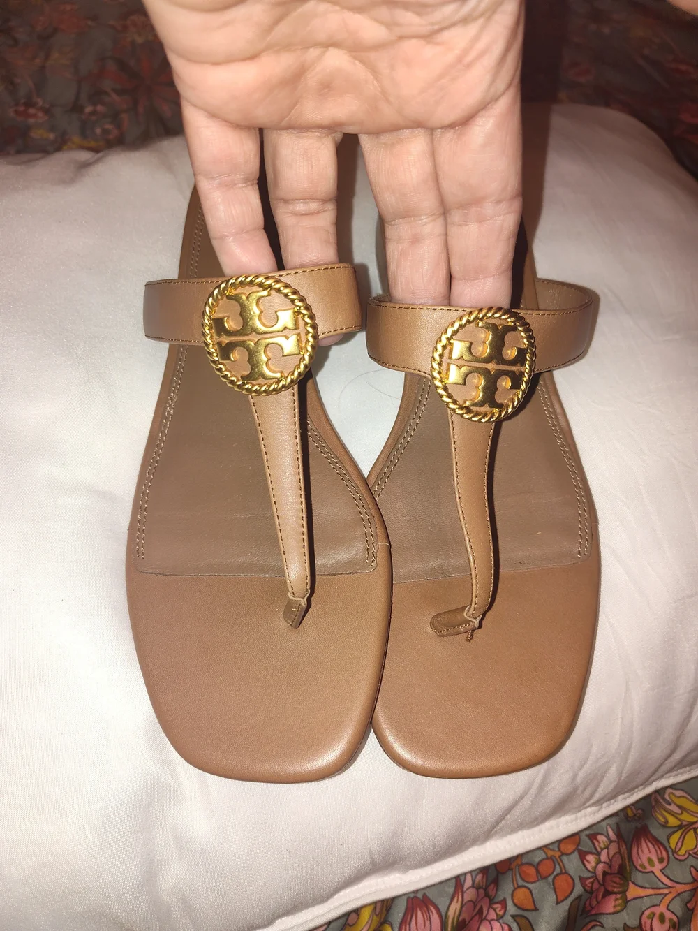 Tory Burch Brown Leather Thong Sandals with Gold Logo Emblem